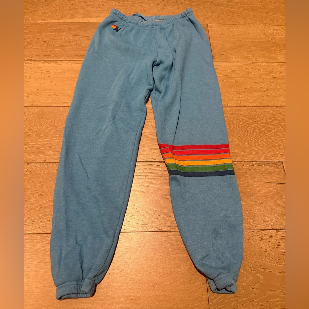 Aviator Nation womens Light Blue Sweatpants with Rainbow Stripes